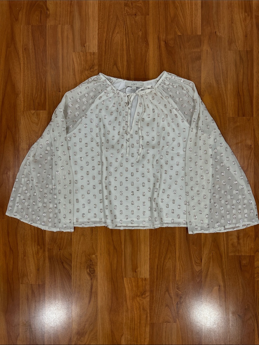LOFT Ivory Tie-Neck Swiss Dot Blouse with Bell Sleeves